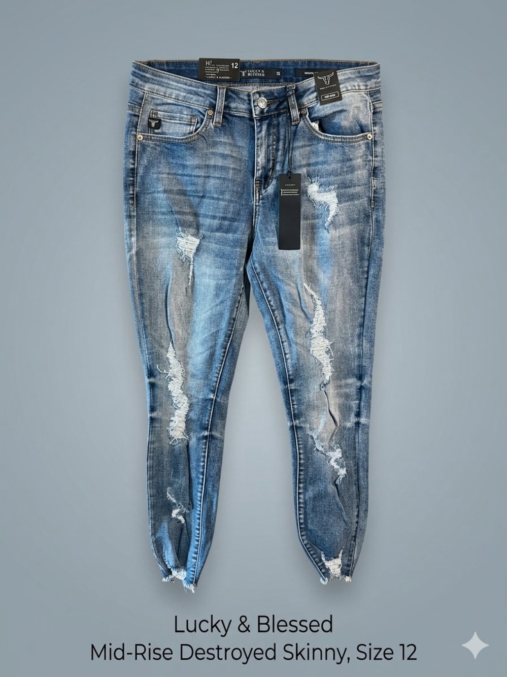 Lucky & Blessed Mid-Rise Destroyed Skinny Jeans - Blue/ NWT / inseam-28”
